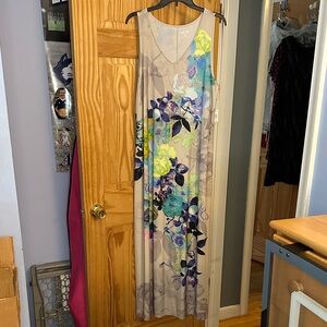 Apt. 9 Beige Maxi Dress with Teal, Purple & Lime Floral Print
